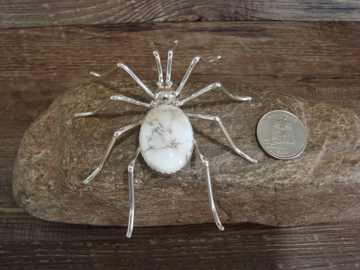 Large Native American Sterling Silver & Howlite Spider Pin by Garfield