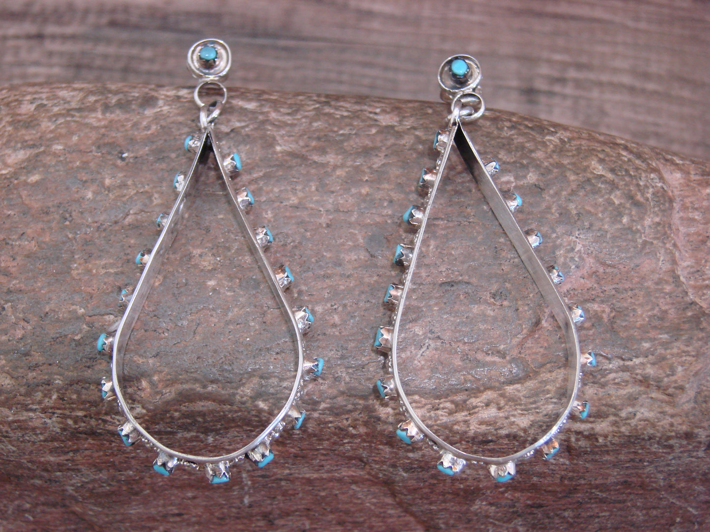 Native American Sterling Silver & Turquoise Post Dangle Earrings - Quam
