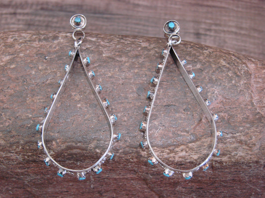 Native American Sterling Silver & Turquoise Post Dangle Earrings - Quam