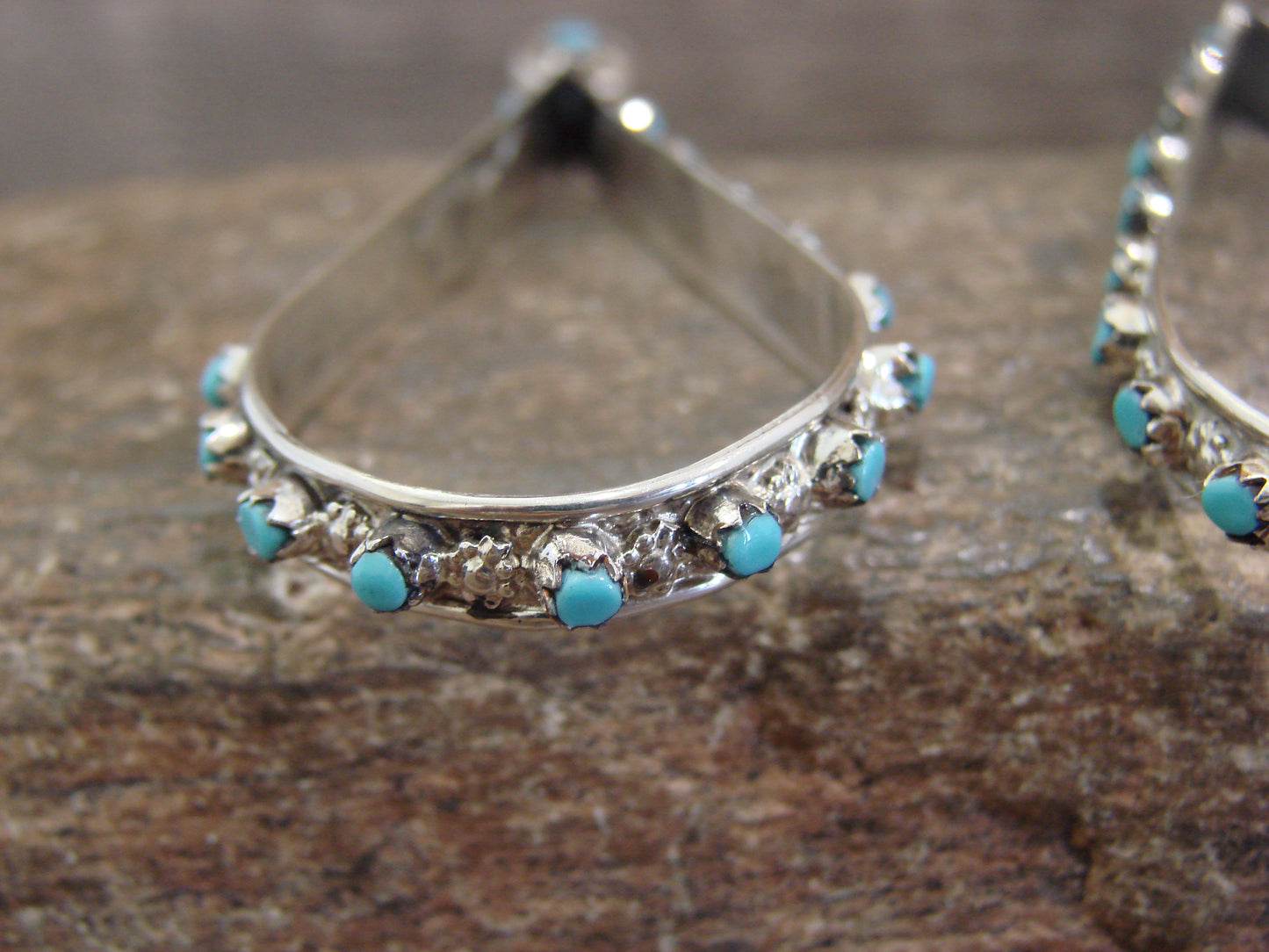 Native American Sterling Silver & Turquoise Post Dangle Earrings - Quam