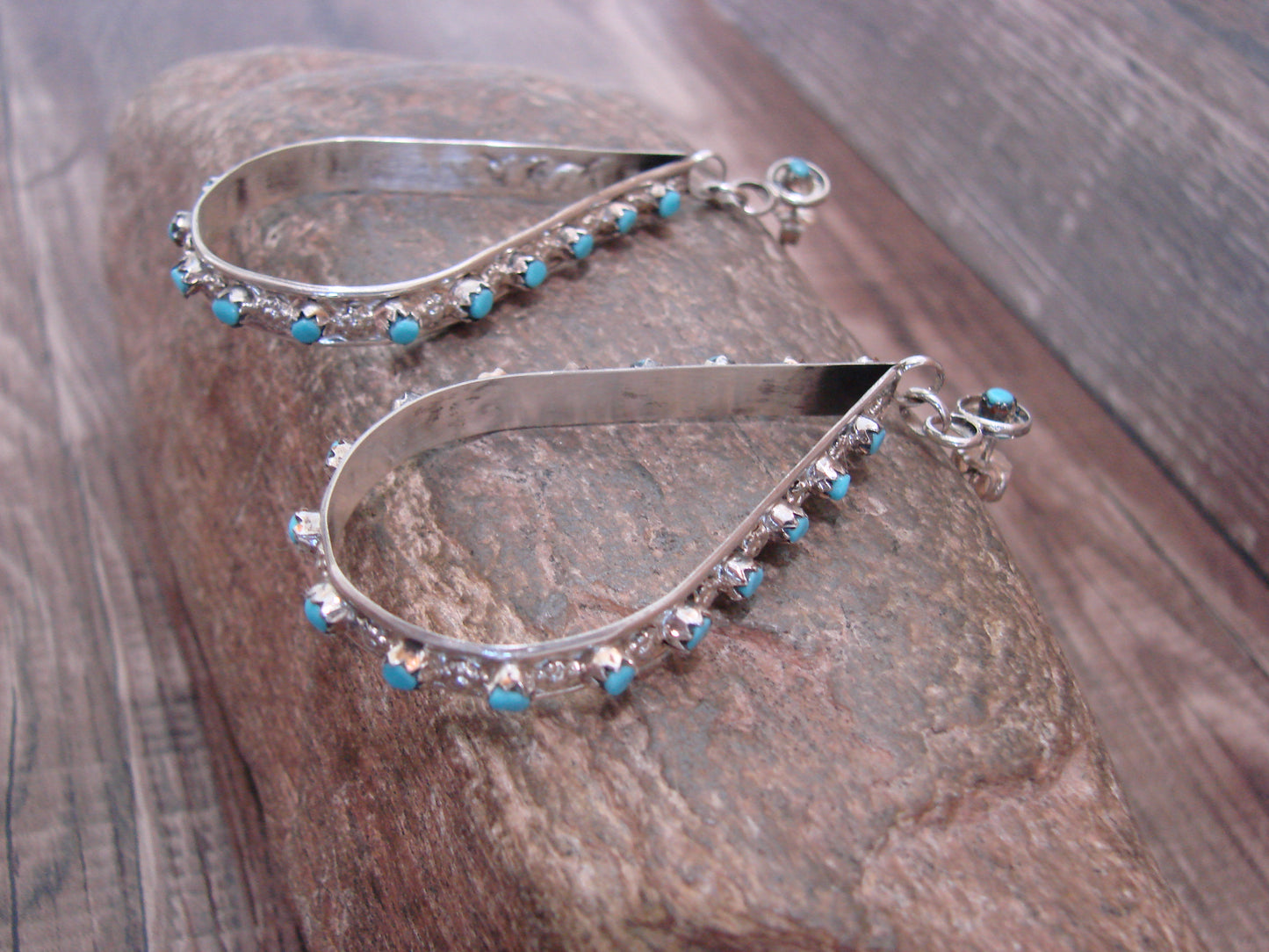 Native American Sterling Silver & Turquoise Post Dangle Earrings - Quam