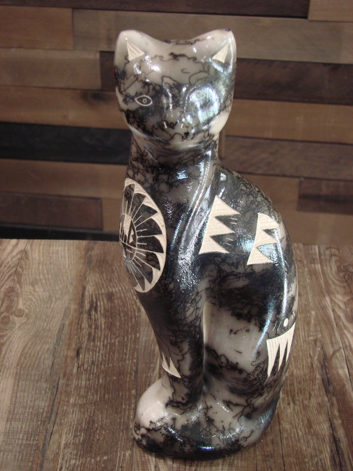 Native American Navajo Pottery Horse Hair Cat Sculpture by Vail