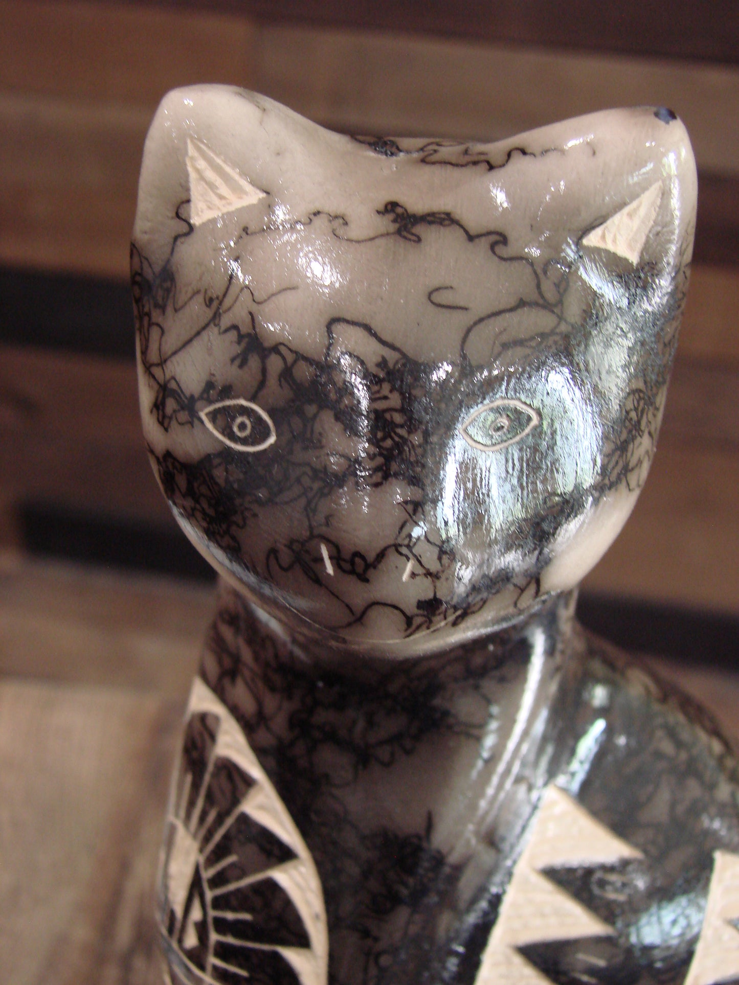 Native American Navajo Pottery Horse Hair Cat Sculpture by Vail