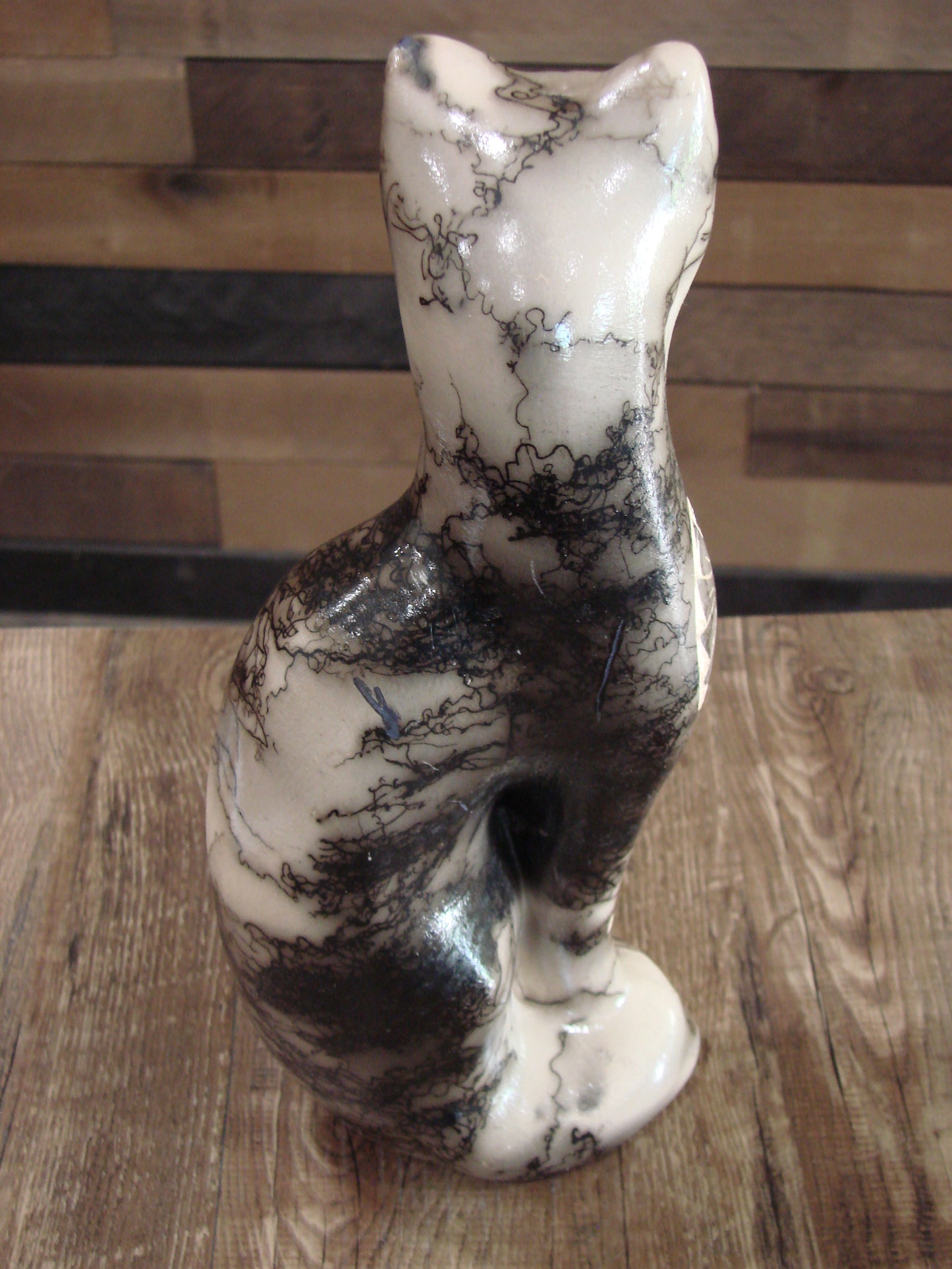 Native American Navajo Pottery Horse Hair Cat Sculpture by Vail