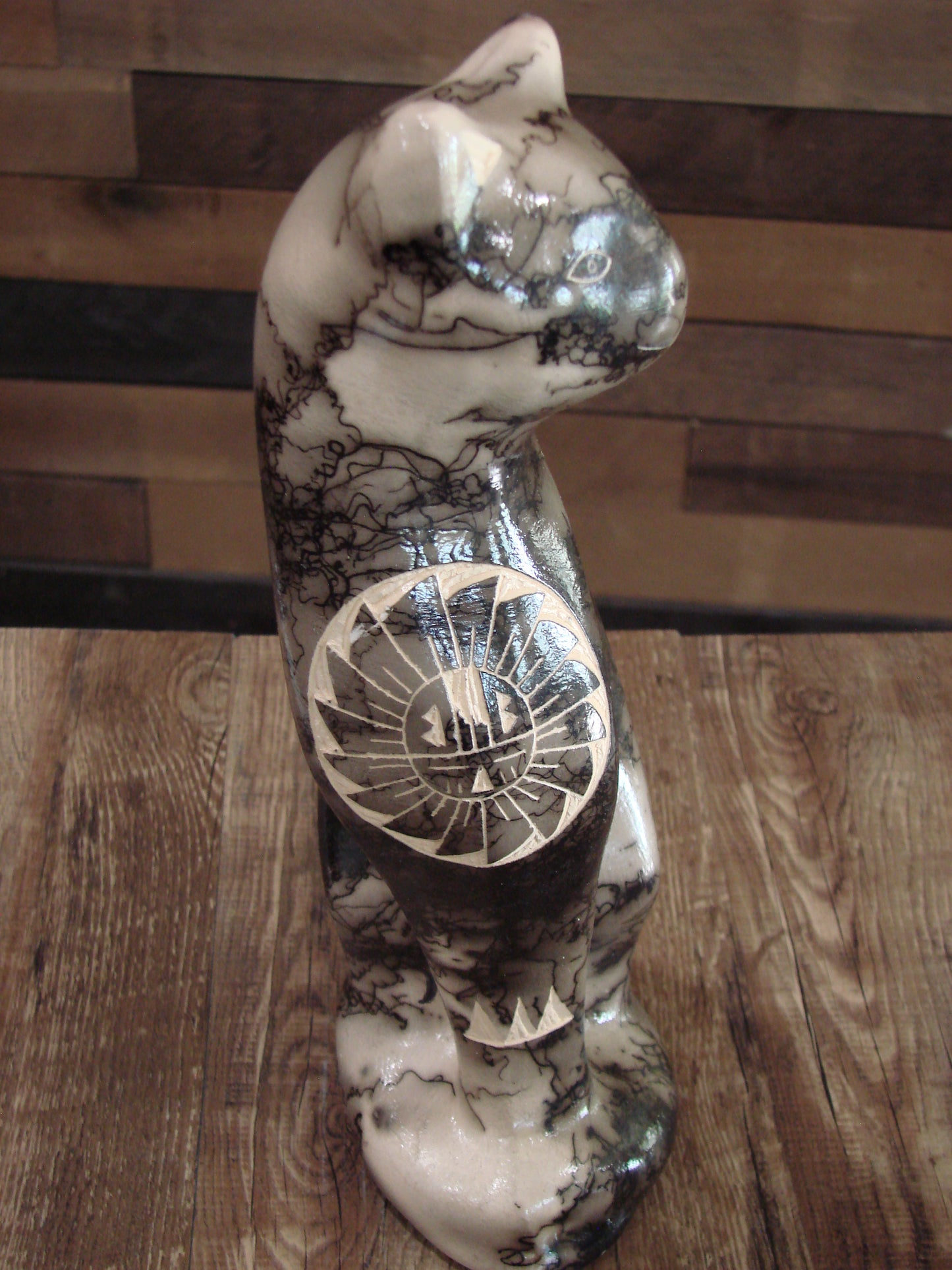 Native American Navajo Pottery Horse Hair Cat Sculpture by Vail
