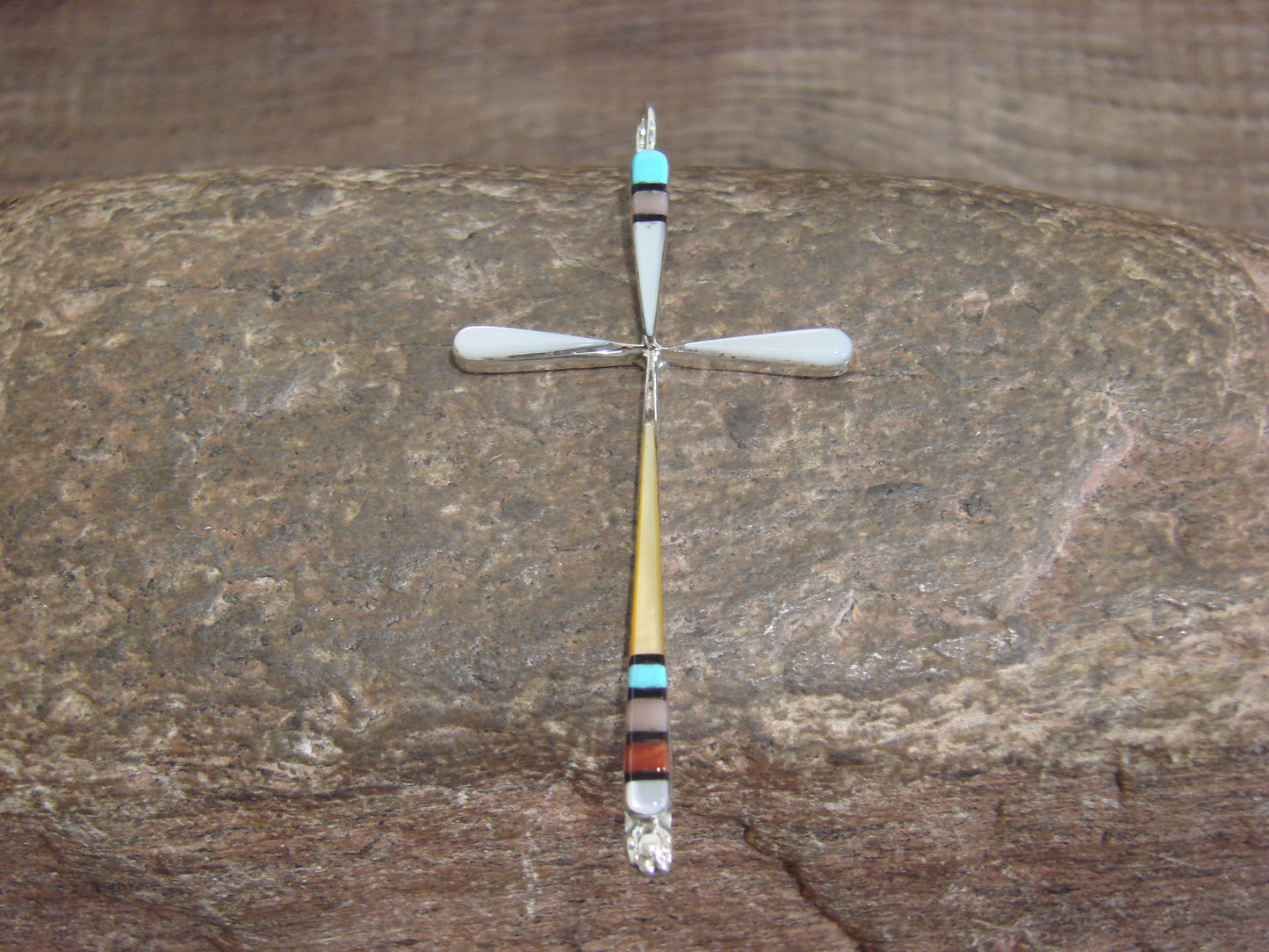 Native American Sterling Silver Multi Stone Inlay Cross Pendant by Noche