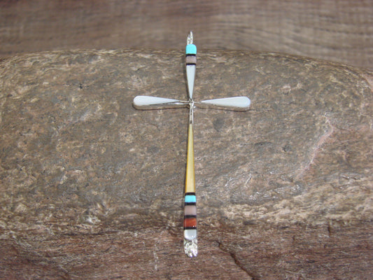 Native American Sterling Silver Multi Stone Inlay Cross Pendant by Noche