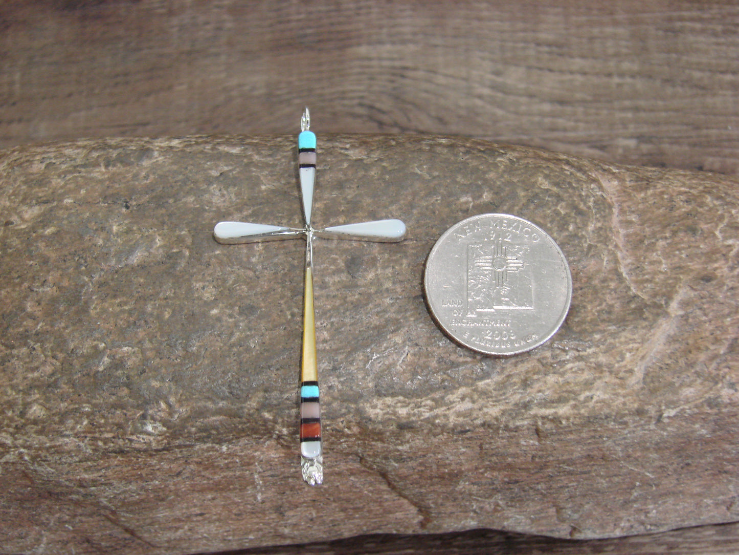 Native American Sterling Silver Multi Stone Inlay Cross Pendant by Noche