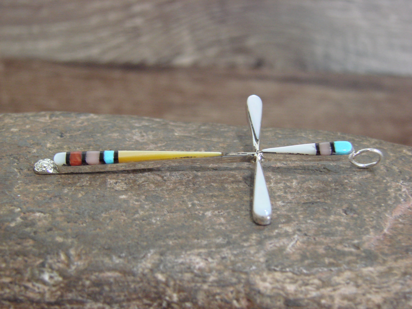 Native American Sterling Silver Multi Stone Inlay Cross Pendant by Noche
