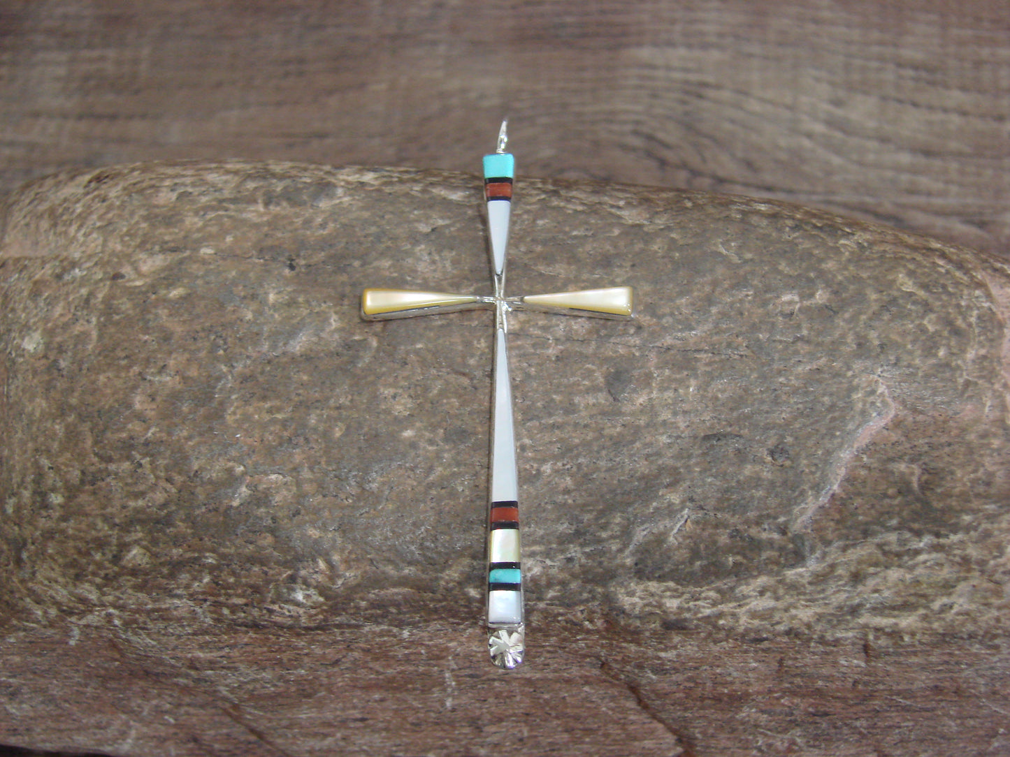 Native American Sterling Silver Multi Stone Inlay Cross Pendant by Noche