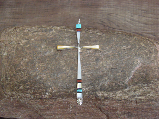 Native American Sterling Silver Multi Stone Inlay Cross Pendant by Noche