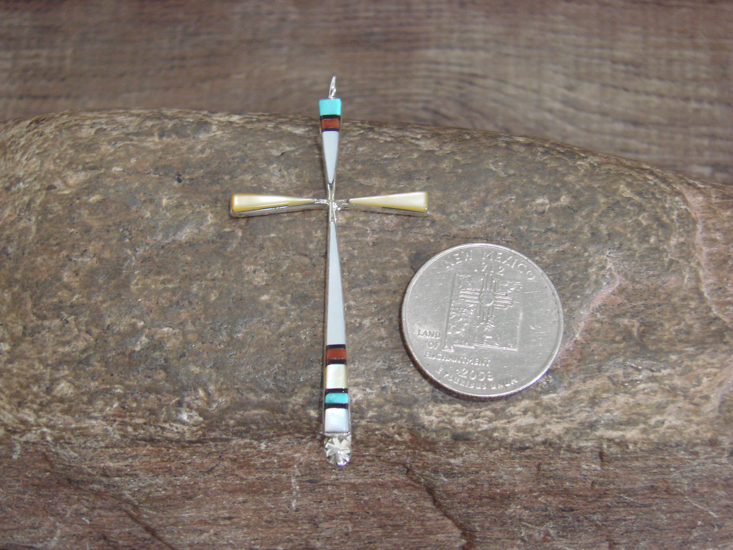 Native American Sterling Silver Multi Stone Inlay Cross Pendant by Noche
