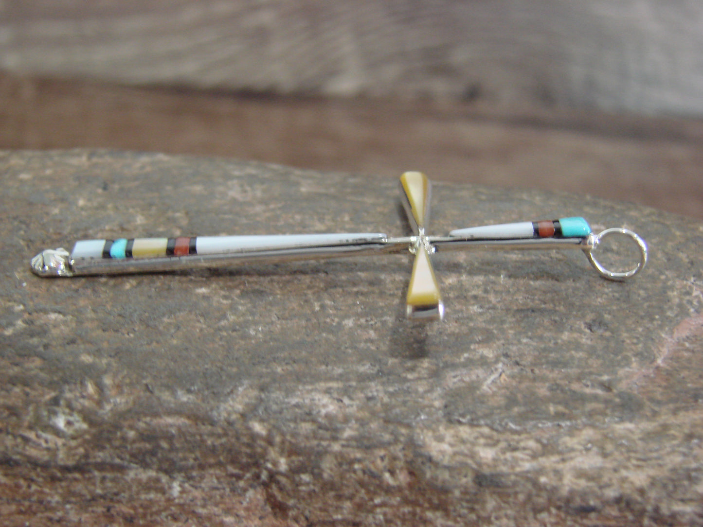 Native American Sterling Silver Multi Stone Inlay Cross Pendant by Noche
