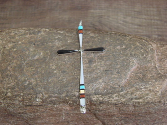 Native American Sterling Silver Multi Stone Inlay Cross Pendant by Noche