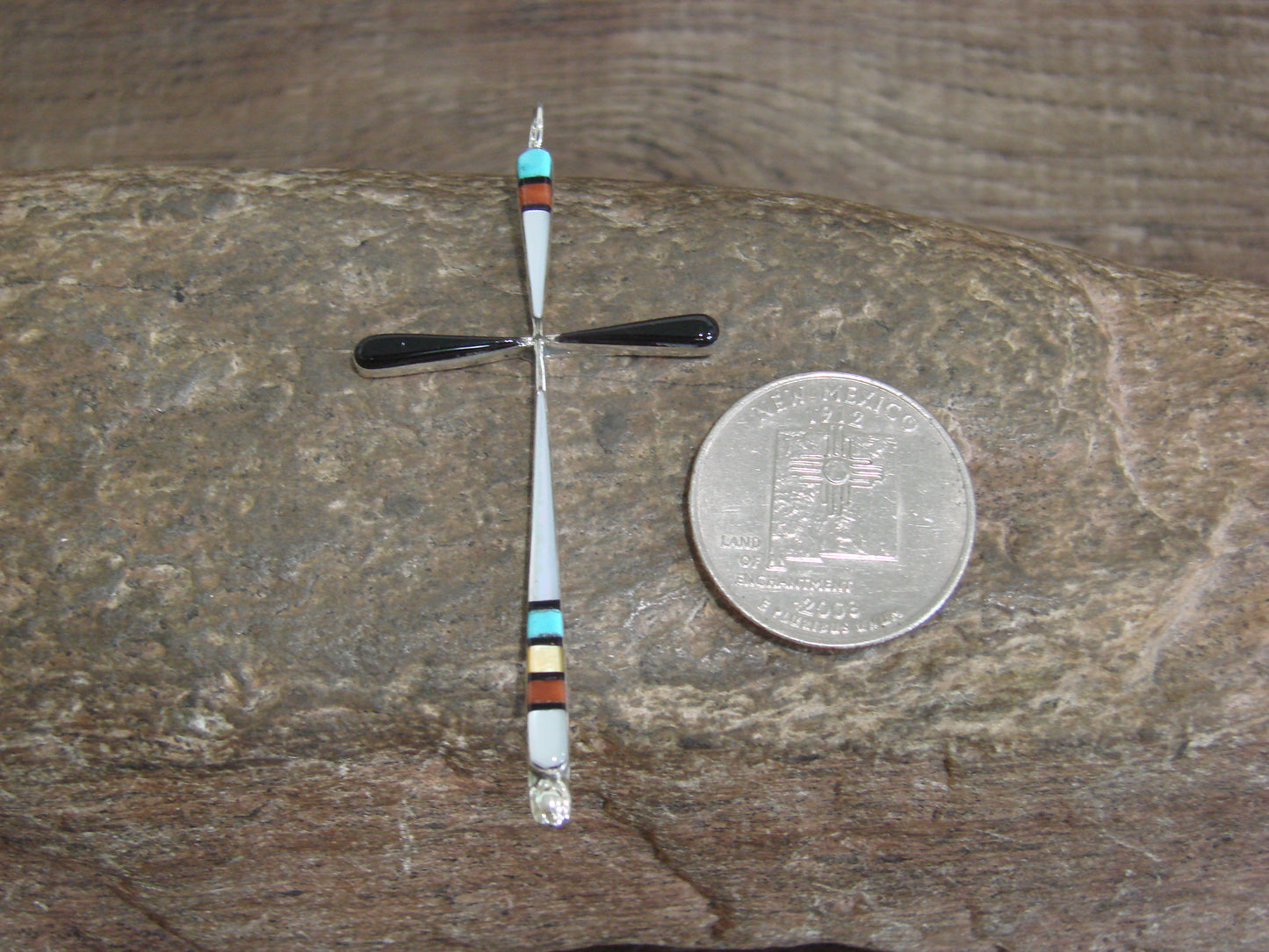 Native American Sterling Silver Multi Stone Inlay Cross Pendant by Noche