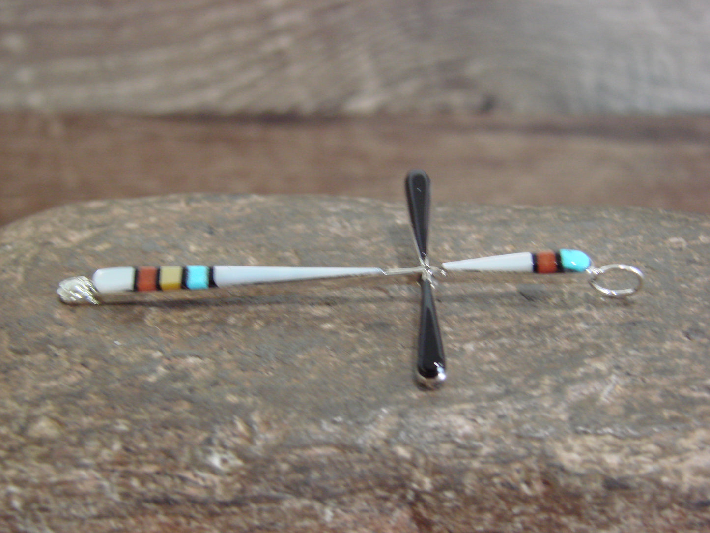 Native American Sterling Silver Multi Stone Inlay Cross Pendant by Noche
