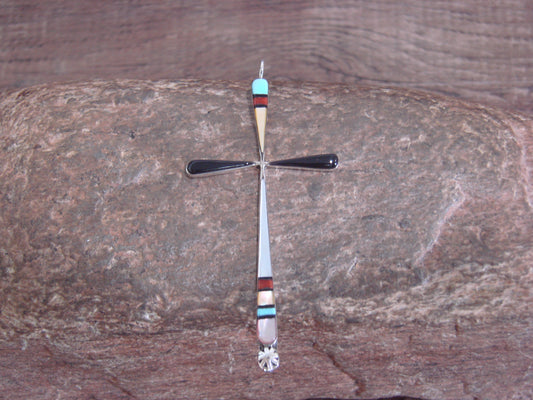 Native American Sterling Silver Multi Stone Inlay Cross Pendant by Noche