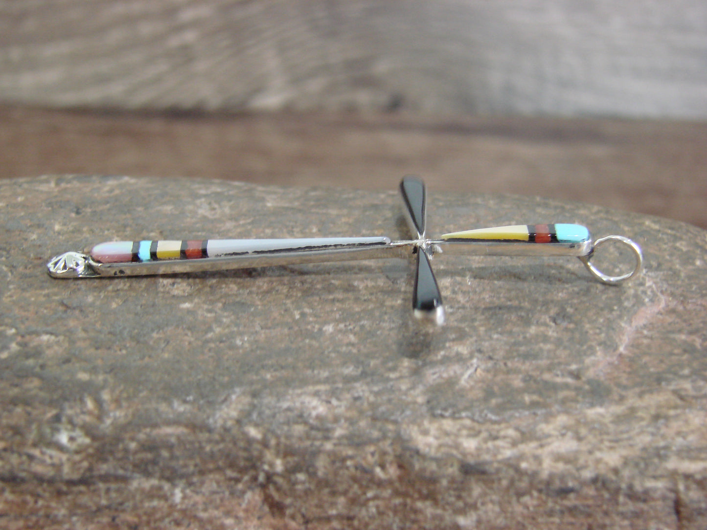 Native American Sterling Silver Multi Stone Inlay Cross Pendant by Noche