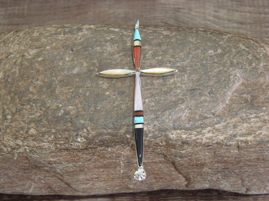 Native American Sterling Silver Multi Stone Inlay Cross Pendant by Noche