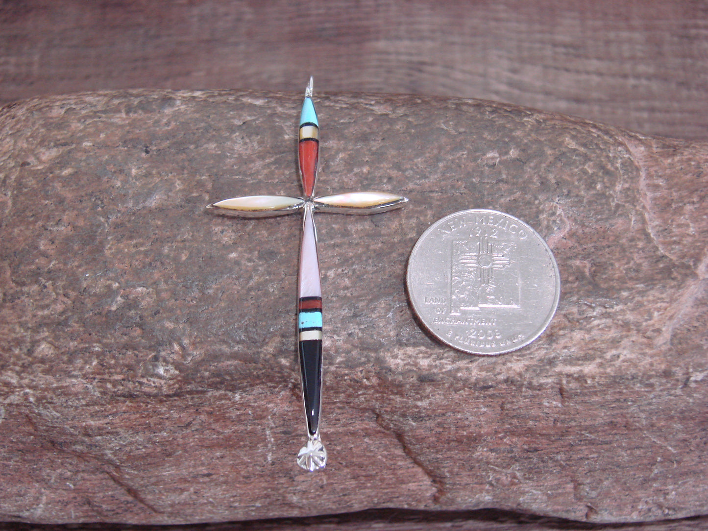 Native American Sterling Silver Multi Stone Inlay Cross Pendant by Noche