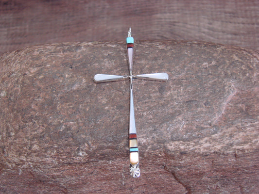 Native American Sterling Silver Multi Stone Inlay Cross Pendant by Noche