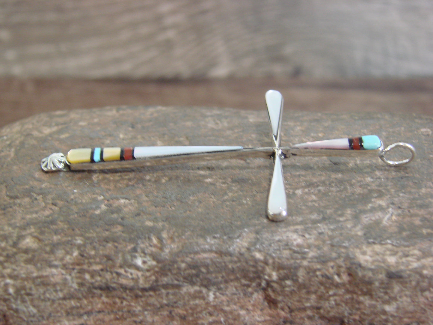 Native American Sterling Silver Multi Stone Inlay Cross Pendant by Noche