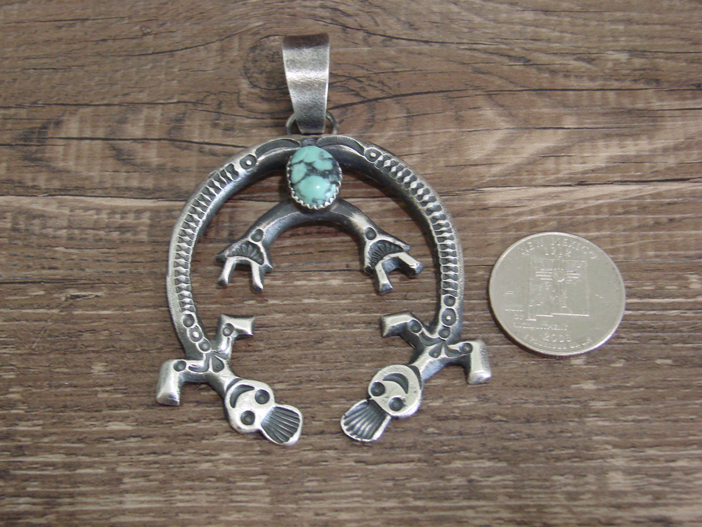 Native American Sterling Silver & Turquoise Cast Naja Pendant Signed Billah