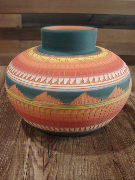 Native American Navajo Indian Hand Etched & Hand Painted Pottery - M. Charlie