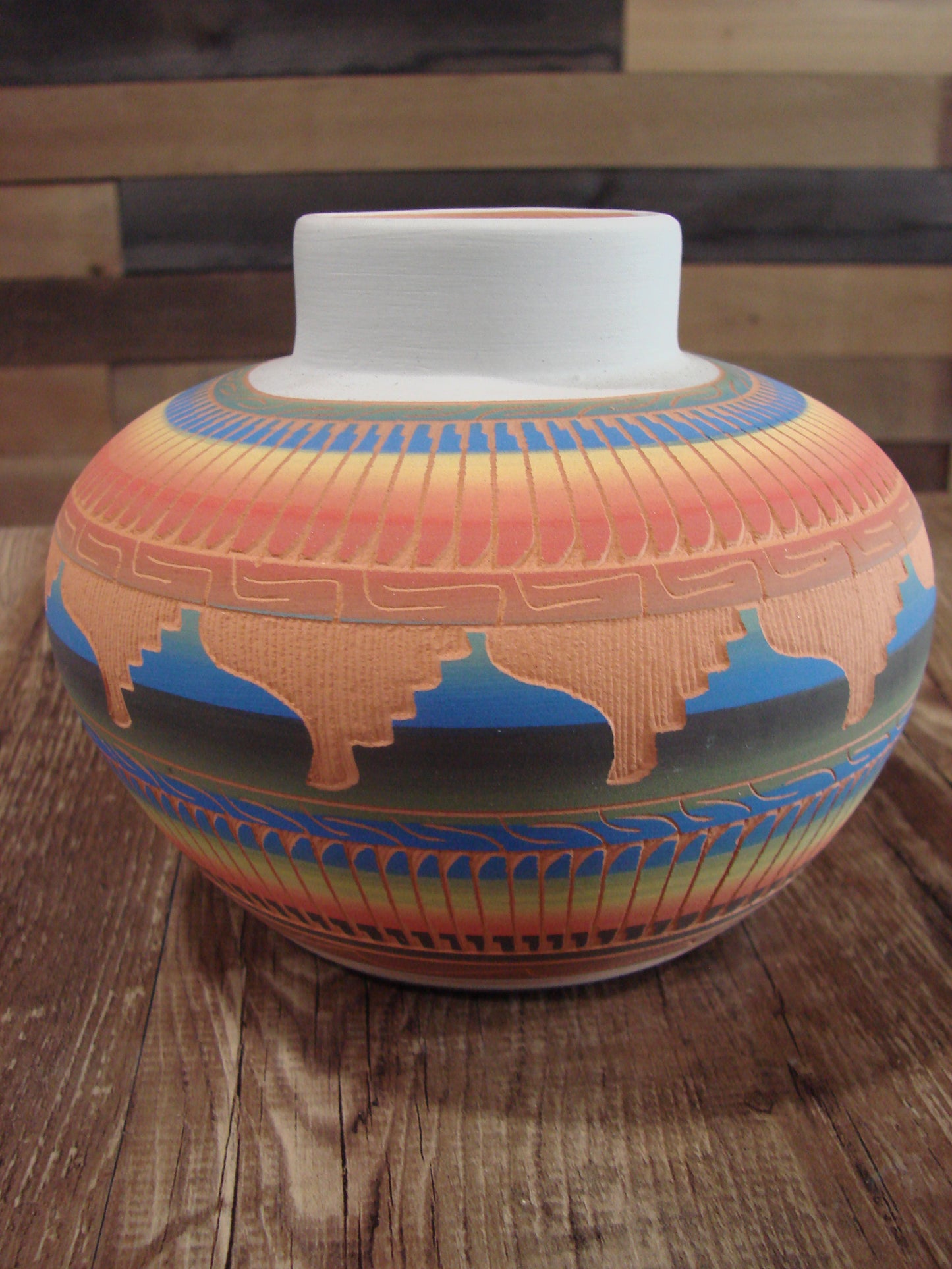 Native American Navajo Indian Hand Etched & Hand Painted Pottery - M. Charlie