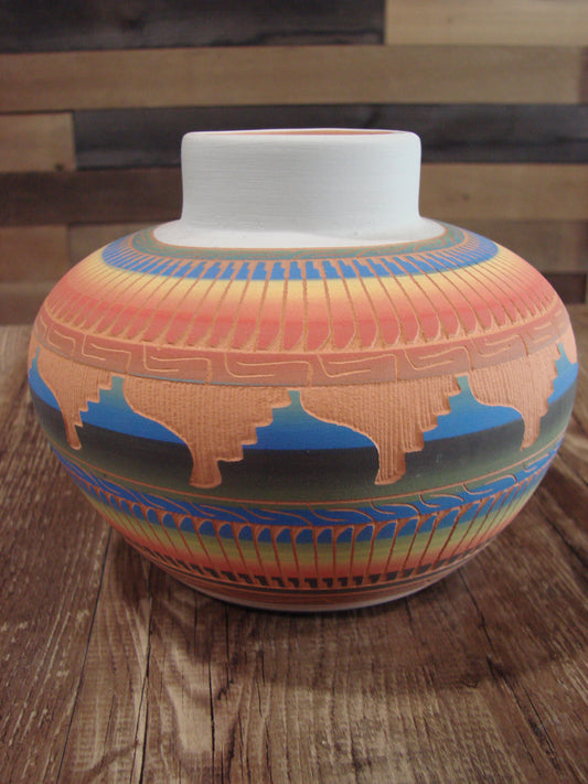 Native American Navajo Indian Hand Etched & Hand Painted Pottery - M. Charlie