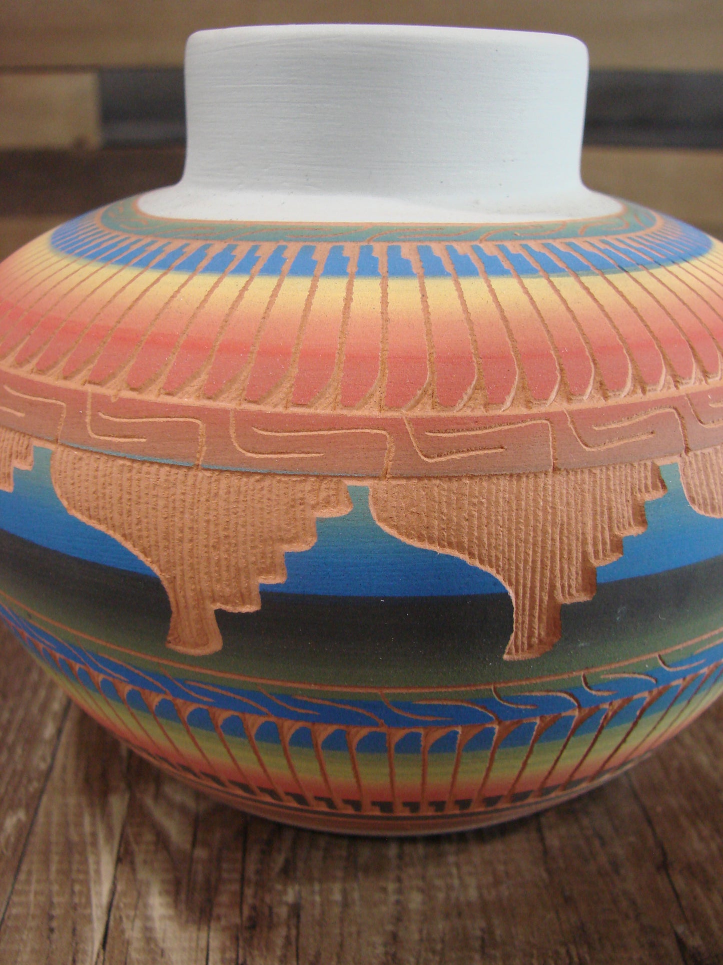 Native American Navajo Indian Hand Etched & Hand Painted Pottery - M. Charlie