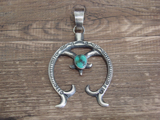 Native American Sterling Silver & Turquoise Cast Naja Pendant Signed Billah