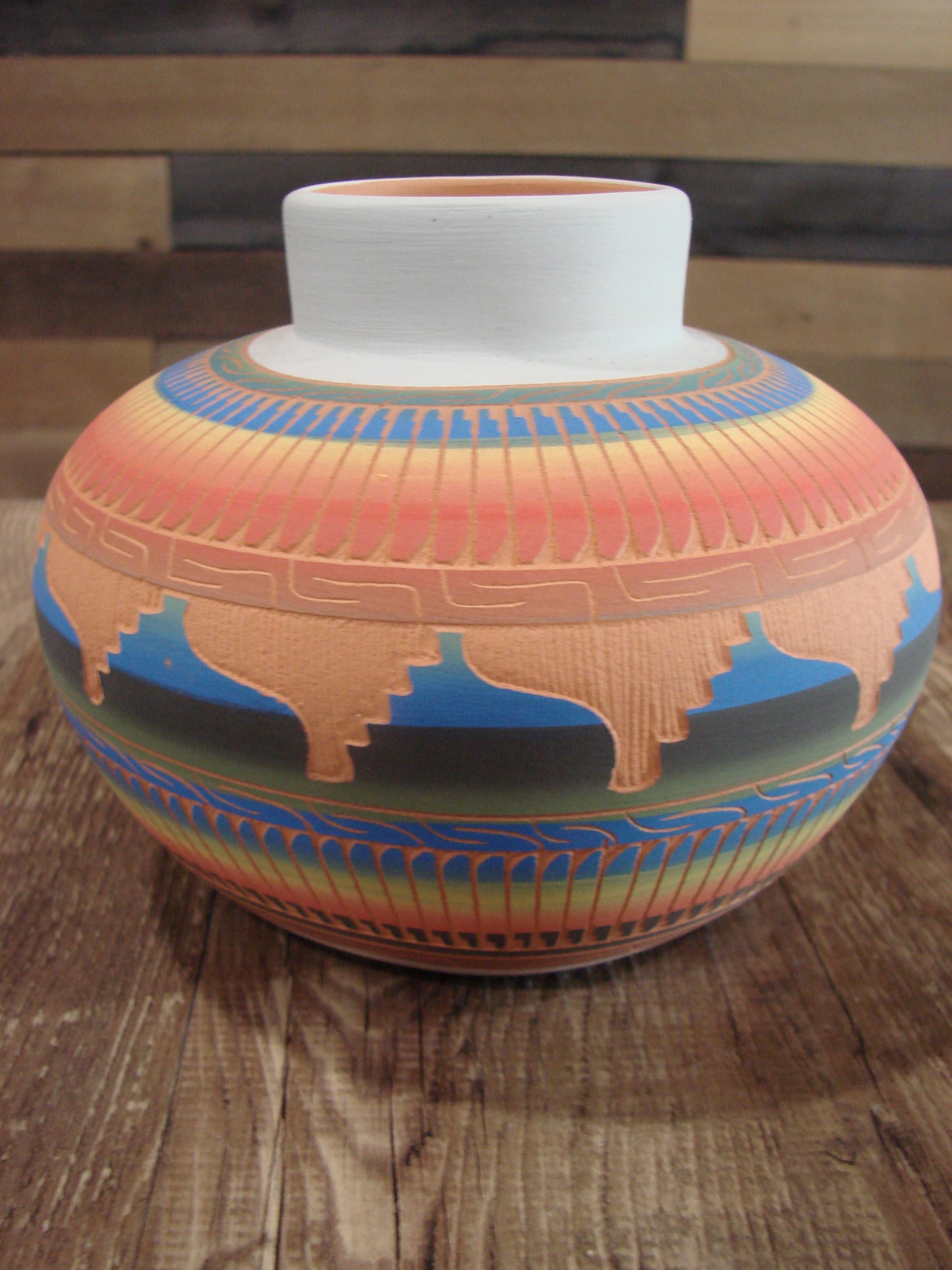 Native American Navajo Indian Hand Etched & Hand Painted Pottery - M. Charlie
