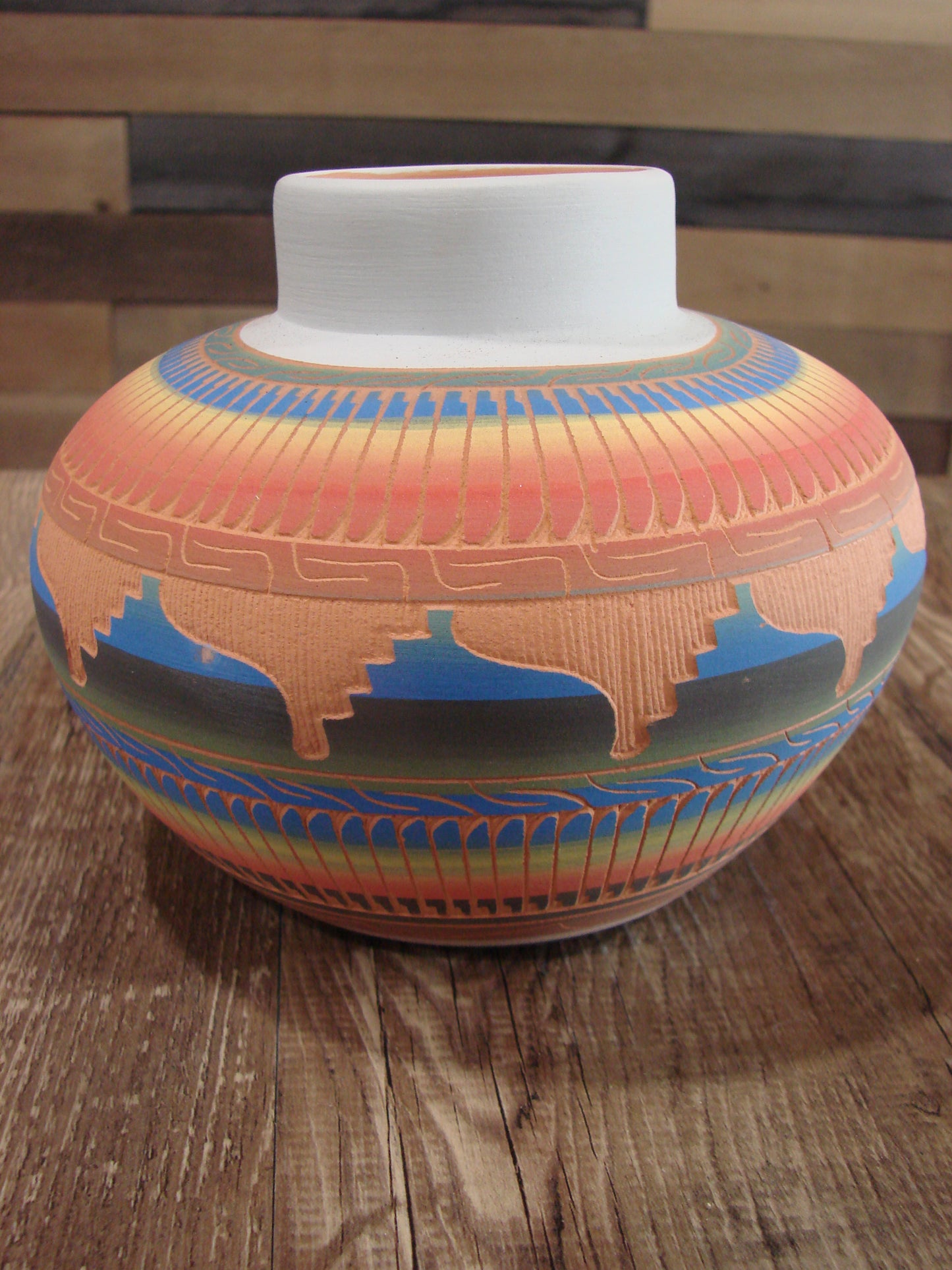 Native American Navajo Indian Hand Etched & Hand Painted Pottery - M. Charlie