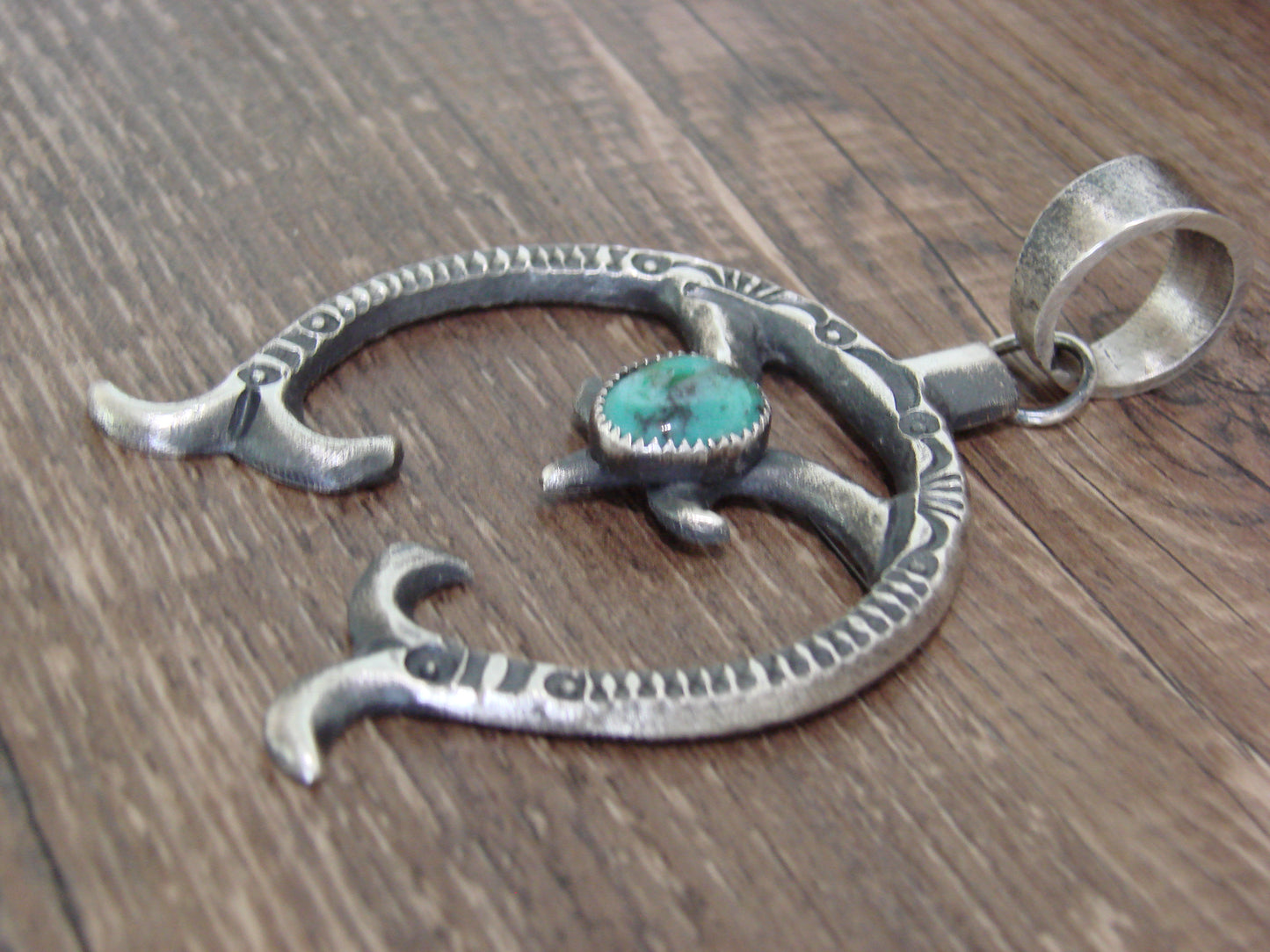 Native American Sterling Silver & Turquoise Cast Naja Pendant Signed Billah