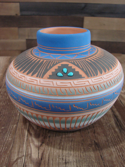 Native American Navajo Indian Hand Etched & Hand Painted Pottery - Valencia