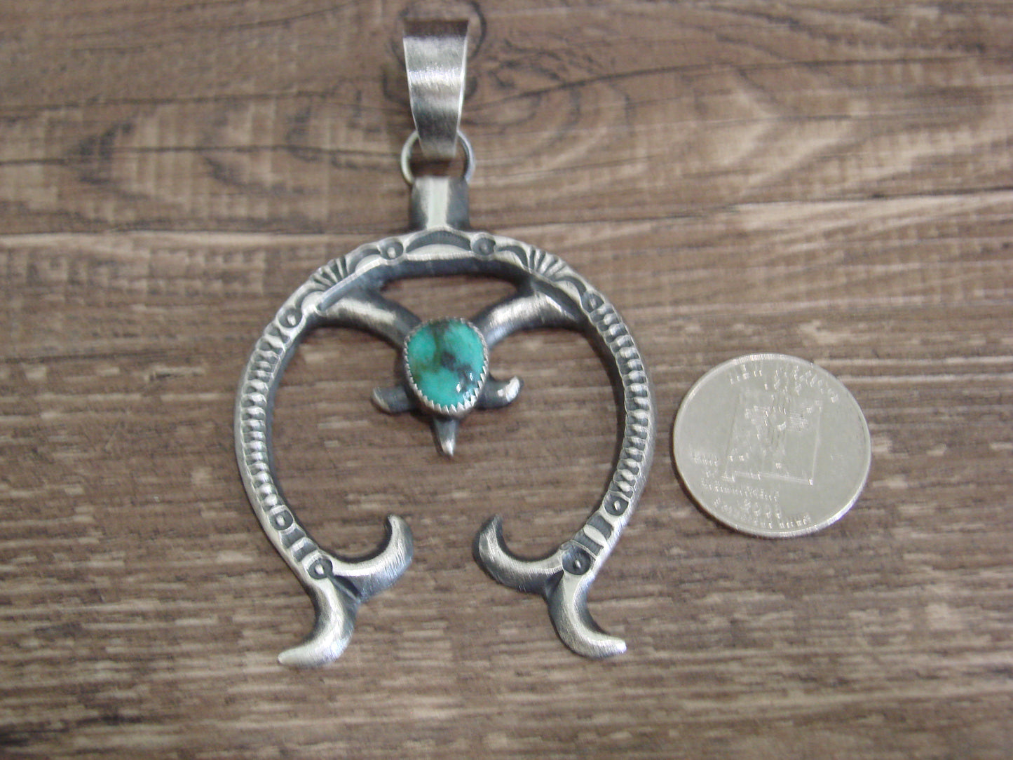 Native American Sterling Silver & Turquoise Cast Naja Pendant Signed Billah