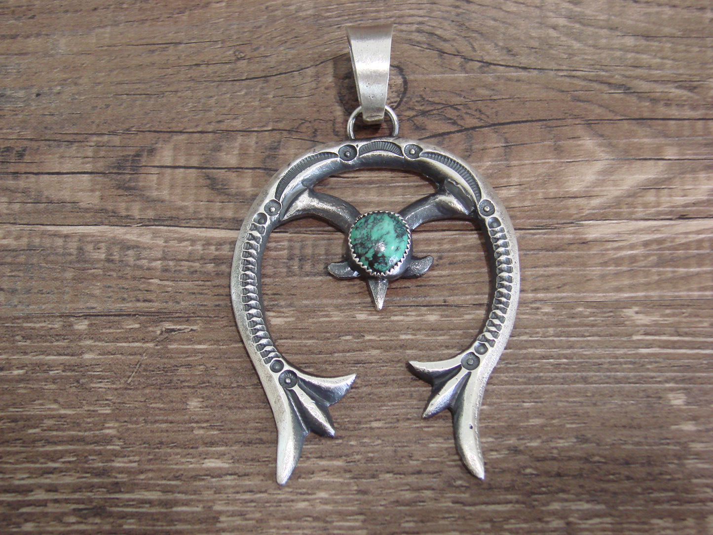 Native American Sterling Silver & Turquoise Cast Naja Pendant Signed Billah