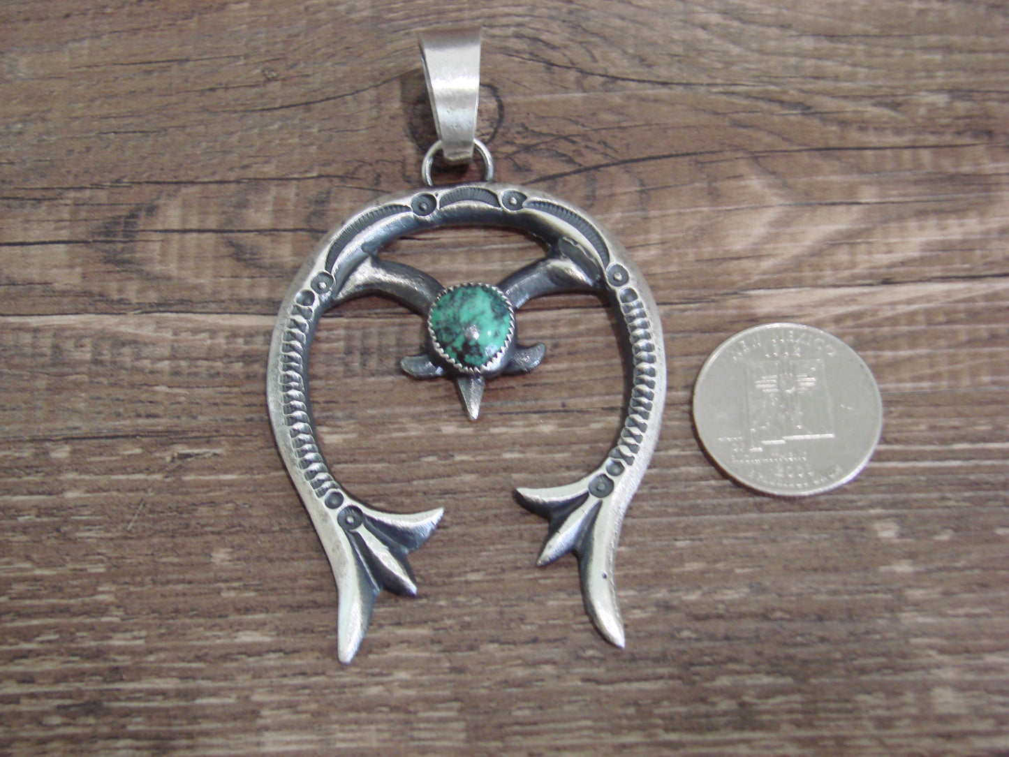 Native American Sterling Silver & Turquoise Cast Naja Pendant Signed Billah