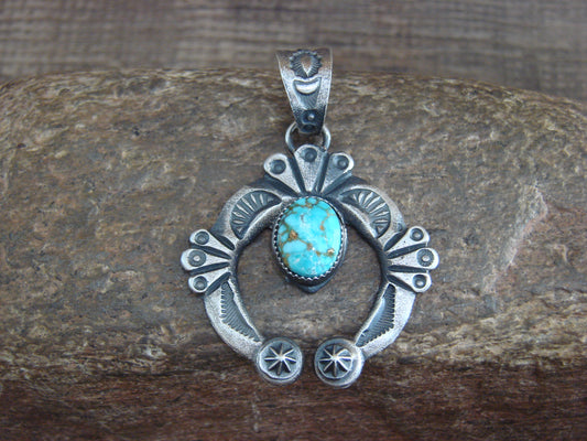 Native American Sterling Silver Turquoise Cast Naja Pendant - K. Billah