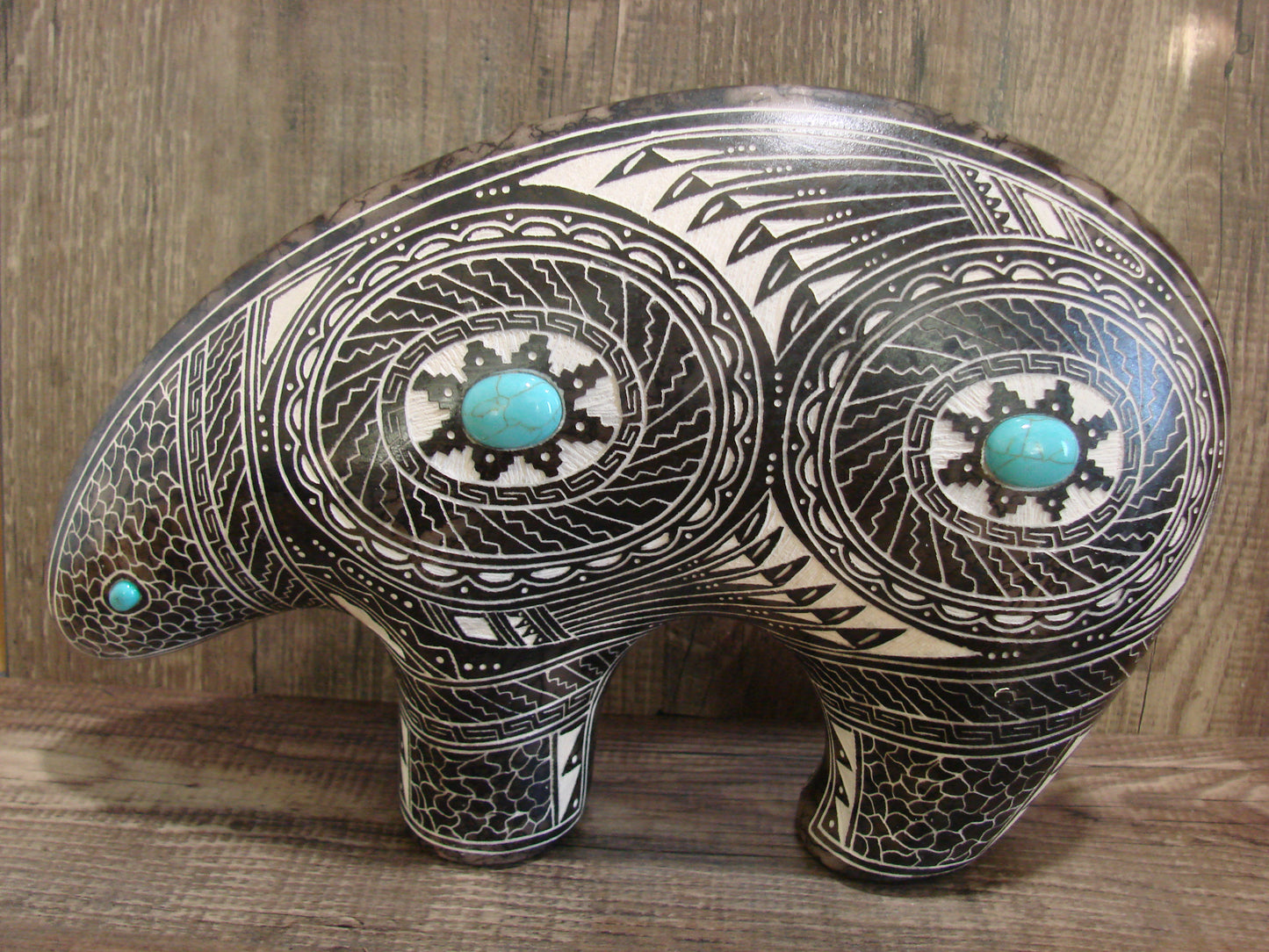 Native American Pottery Horse Hair & Turquoise Bear Sculpture by Charlie