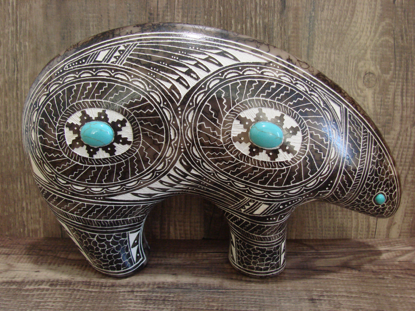 Native American Pottery Horse Hair & Turquoise Bear Sculpture by Charlie