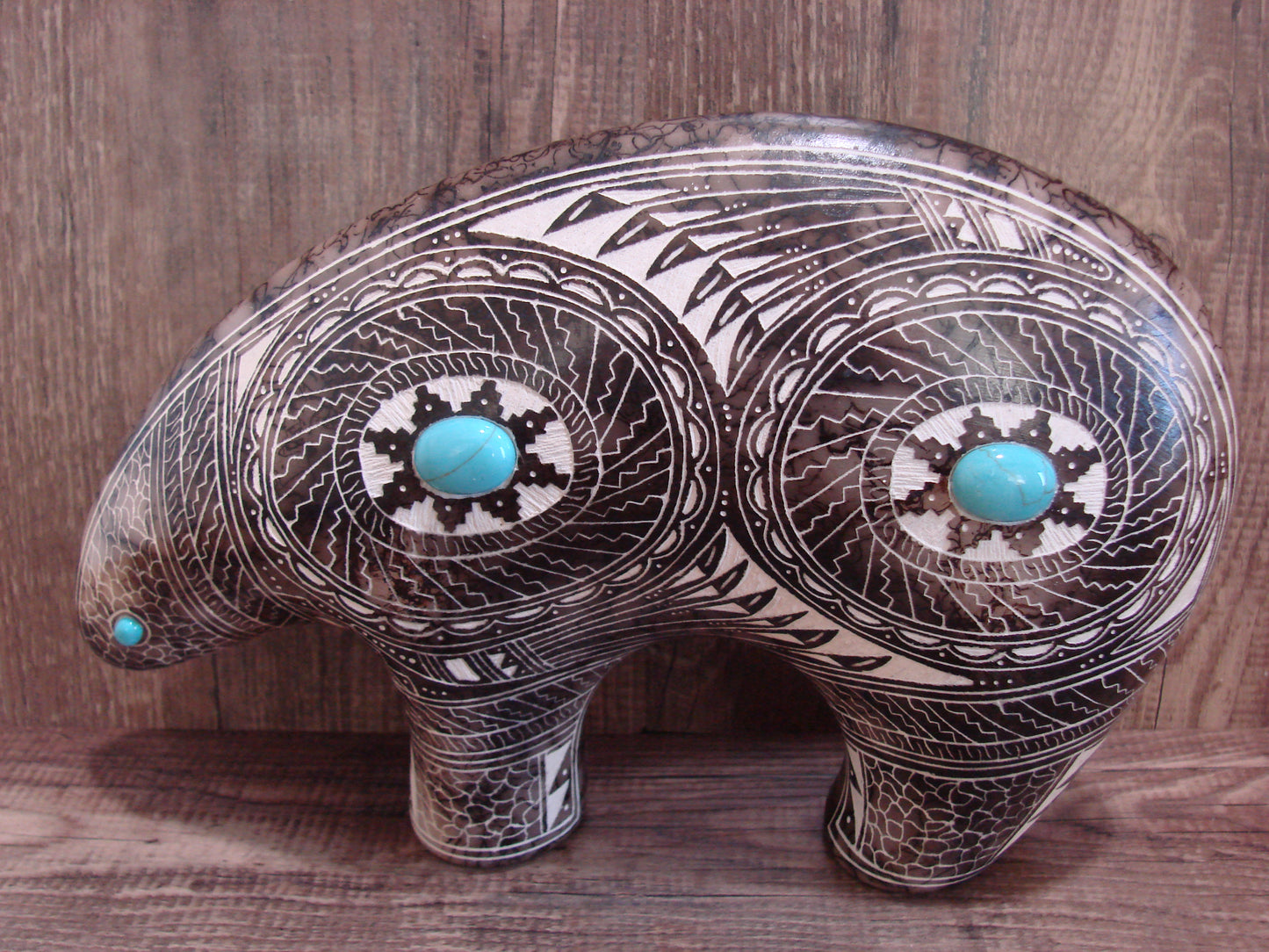 Native American Pottery Horse Hair & Turquoise Bear Sculpture by Charlie