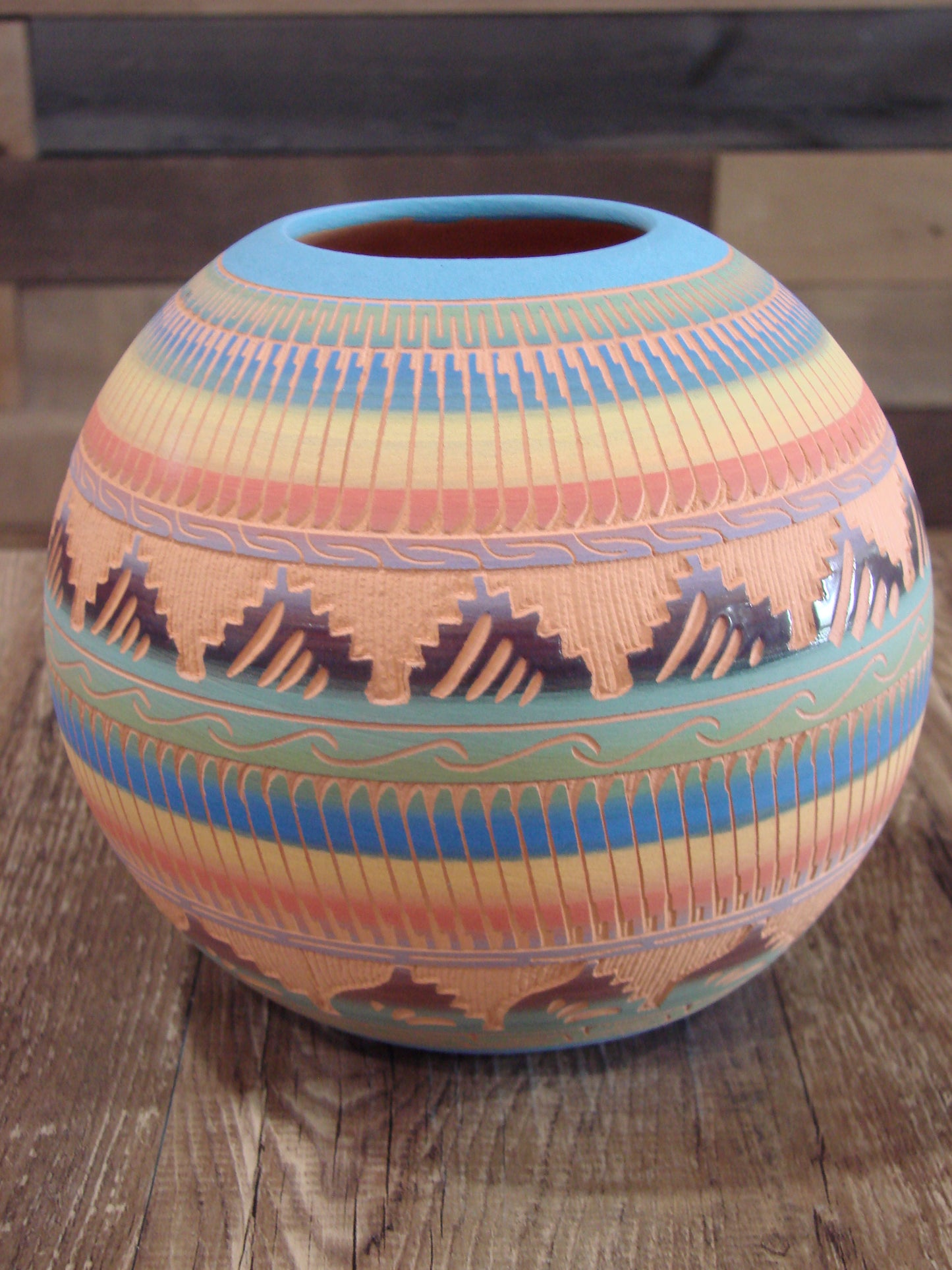 Native American Navajo Indian Hand Etched & Hand Painted Pottery - Charlie