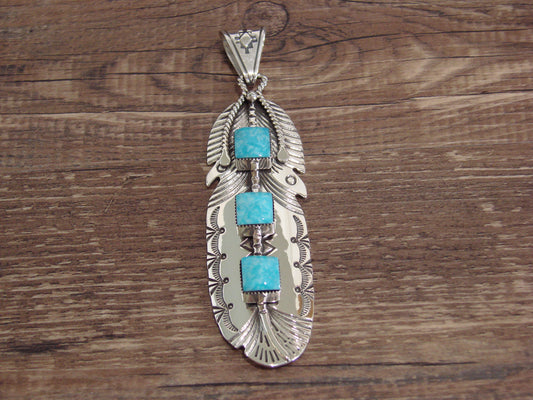 Native American Indian Sterling Silver & Turquoise Feather Pendant by Cayaditto