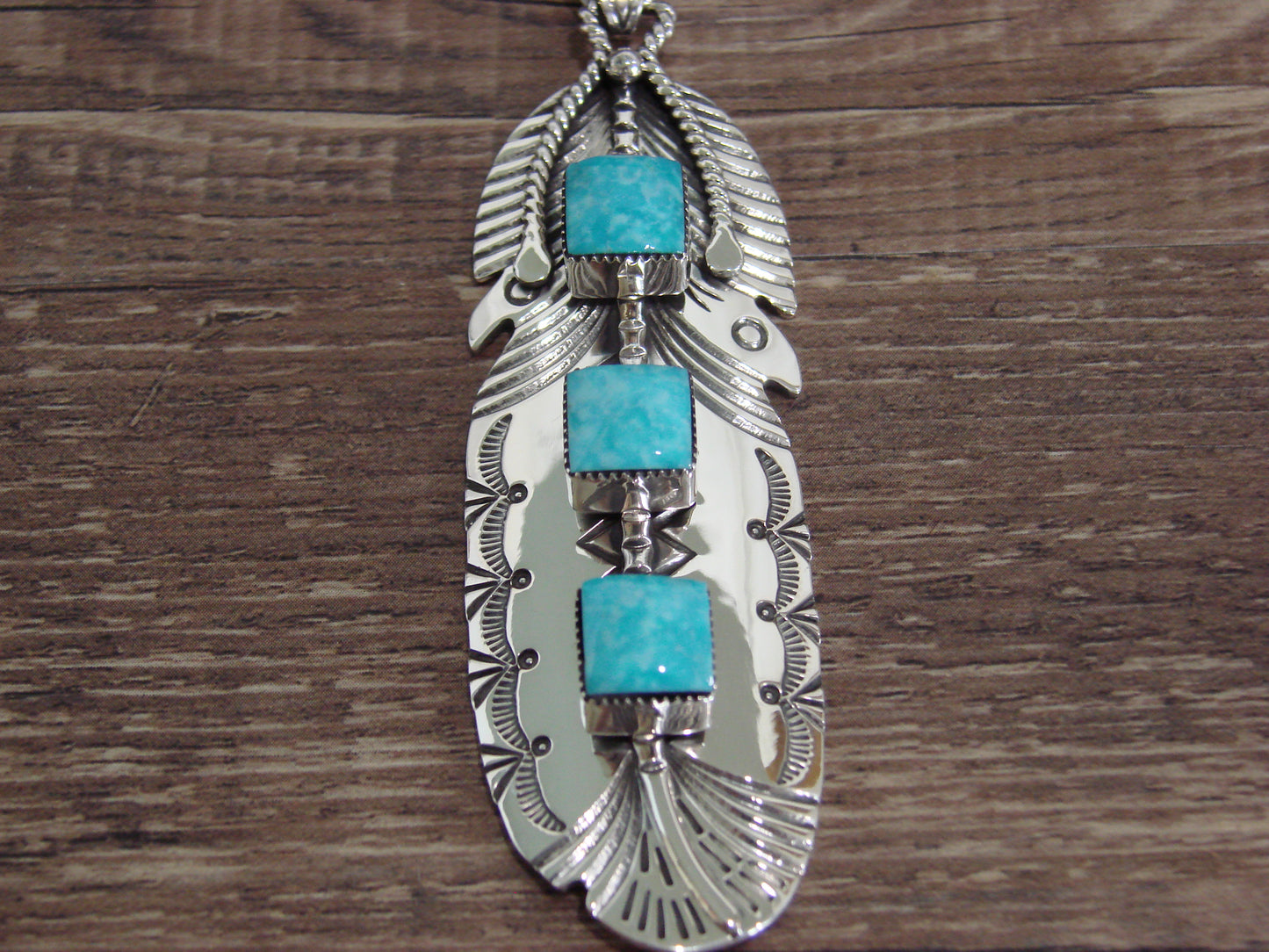 Native American Indian Sterling Silver & Turquoise Feather Pendant by Cayaditto