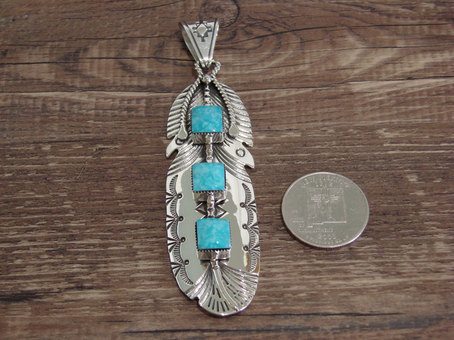 Native American Indian Sterling Silver & Turquoise Feather Pendant by Cayaditto