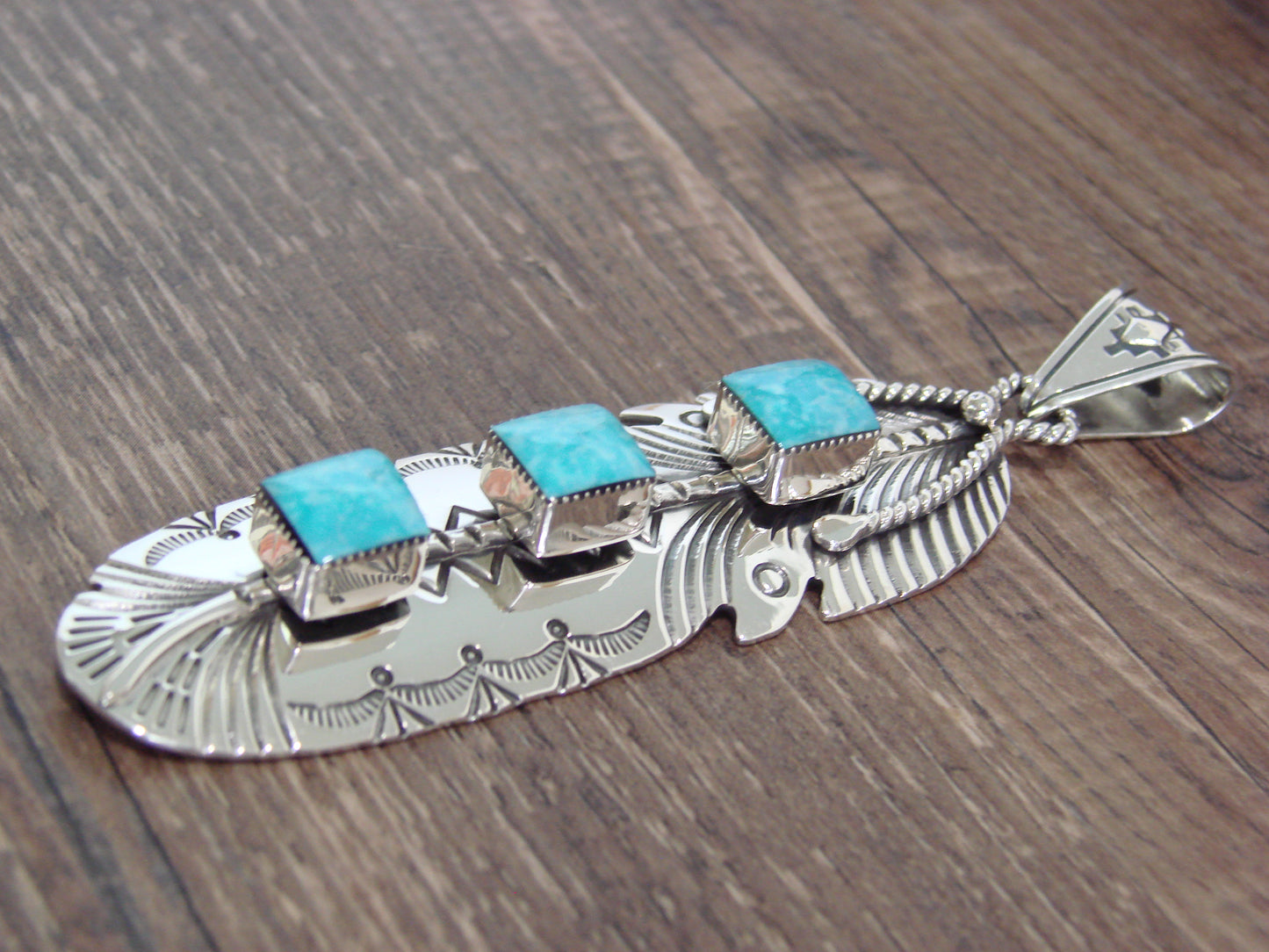 Native American Indian Sterling Silver & Turquoise Feather Pendant by Cayaditto