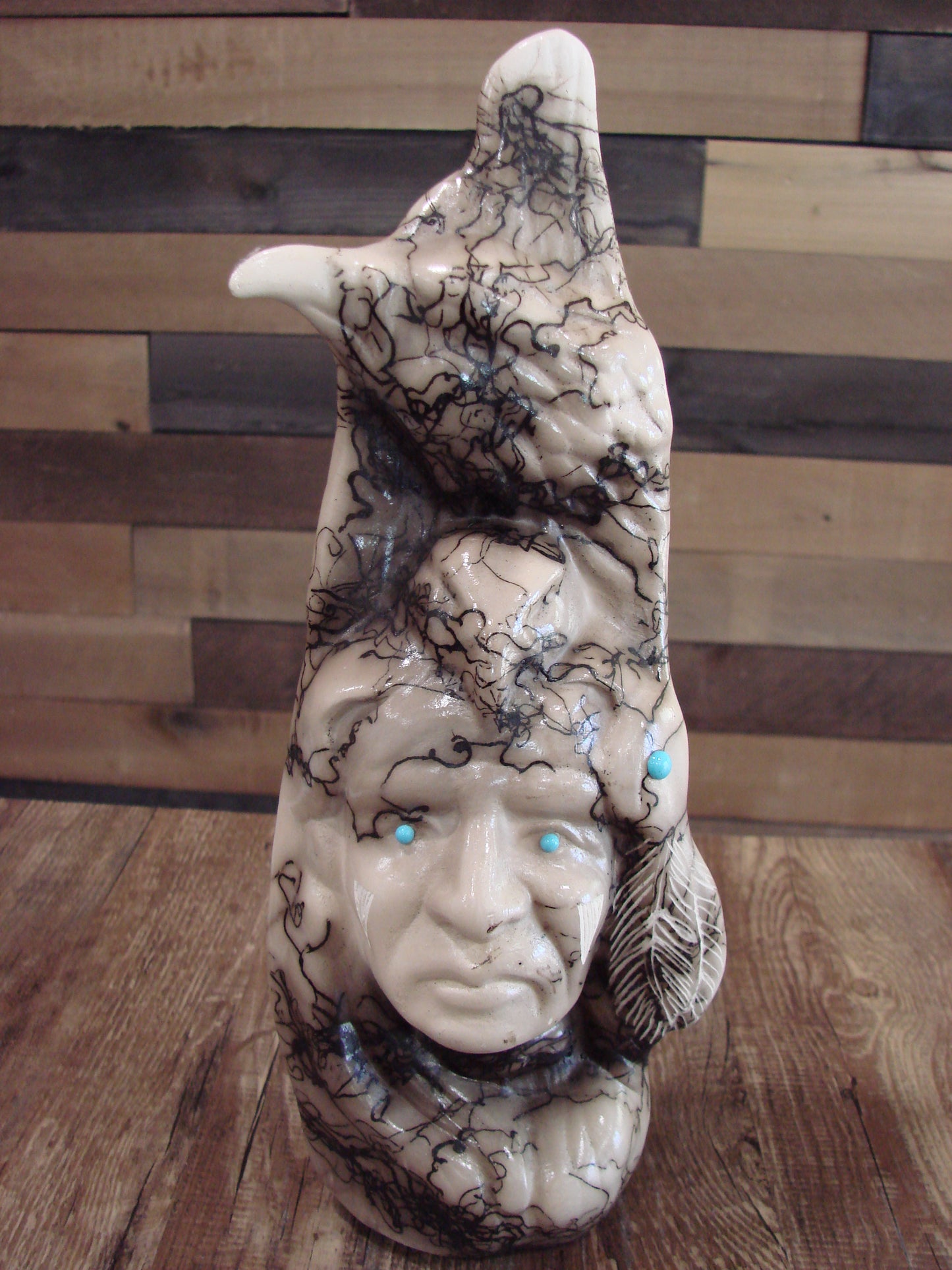 Native American & Eagle Horse Hair Pottery Sculpture by Vail