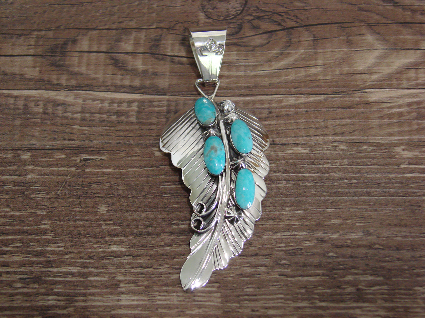 Native American Sterling Silver & Turquoise Feather Pendant by Yazzie